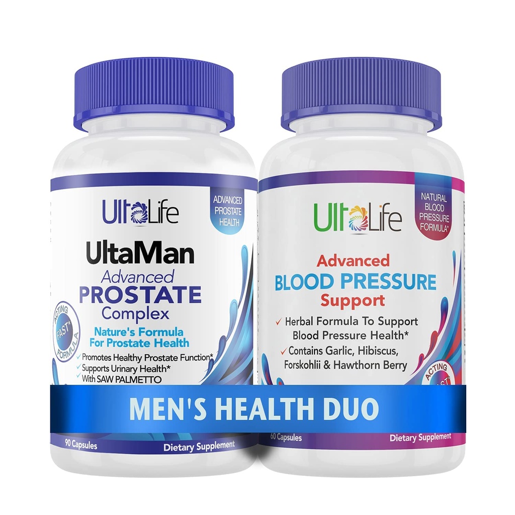 ULTALIFE Men's Health Duo - 2 Botellas - One Prostate Support Complex with Saw Palmetto " Beta Sitosterol " One HIGH Blood Pressure Supplement with Ajo " Hawthorn Berry Fast-Acting Capsules for Hombre