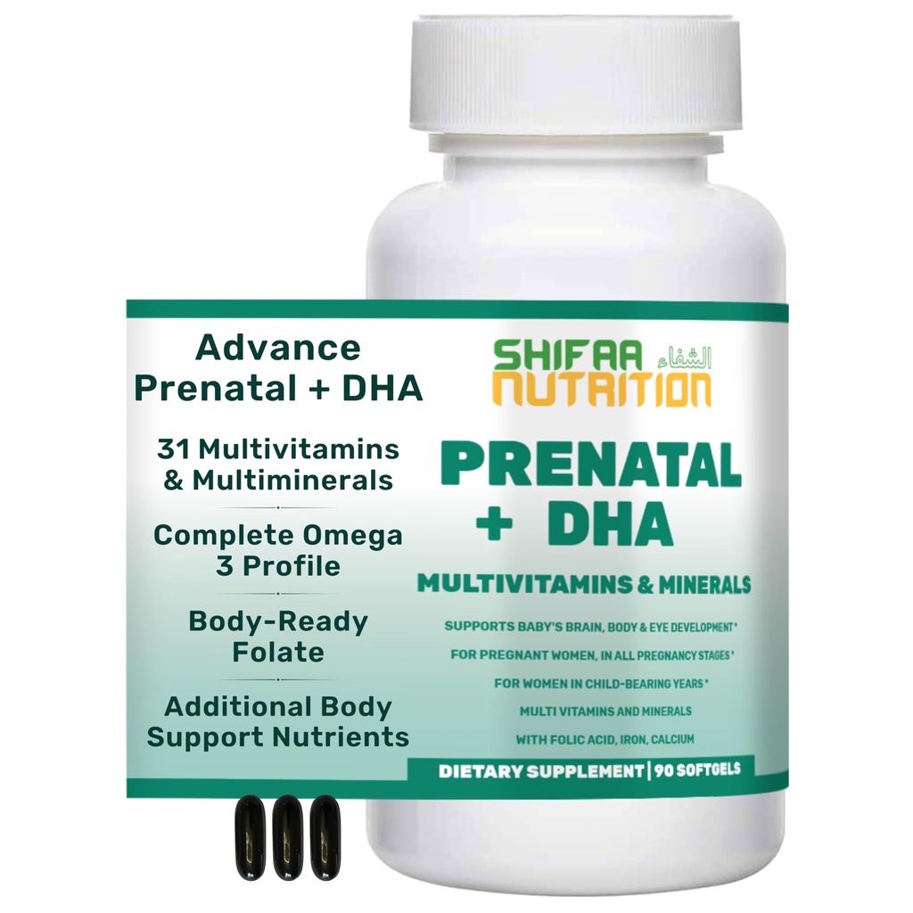 SHIFAA NUTRITION Vitaminas prenatales Halales con DHA y Ácido Fólico TENIDO Alta Potencia 90 Softgels, Keto-Friendly ANTE Vitamin C 120mg, DHA 250mg, Ácido Fólico 800mg, EPA 90mg, Biotin &amp; Iodine