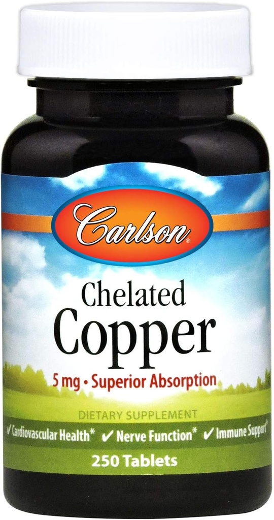 Carlson - Cobre Chelated, 5 mg, Absorción Superior, Salud de Circulación, Función Nerve & Soporte Inmunitario, 250 Tabletas