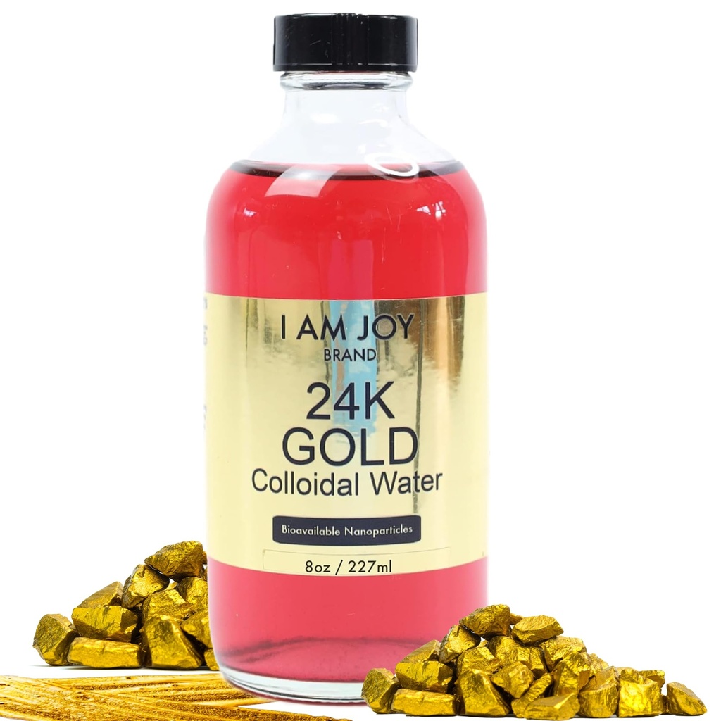 Soy Alegría: líquido frío oro 24k 99.99% puro 100ppm agua roja de goma Basado en todo electrolisis natural Gran botella de vidrio 8oz