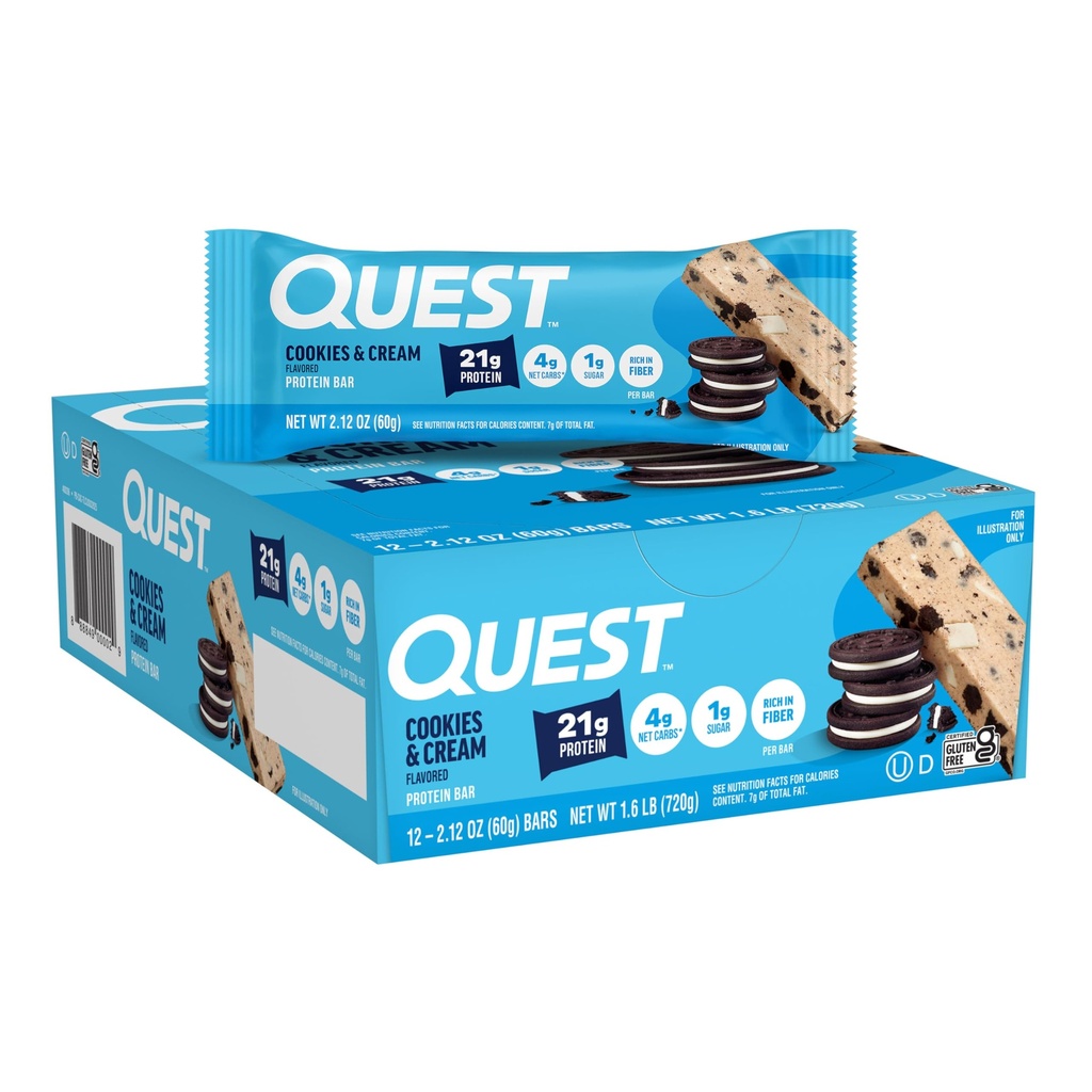 Quest Nutrition Cookies &amp; Cream Protein Bares, 21g Protein, 1g Sugar, 4g Net Carb, Gluten Free, Keto Friendly, 12 Conde