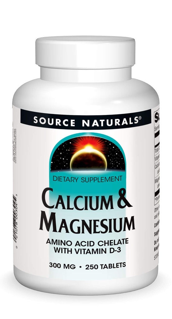 Fuente Naturales Calcio &amp; Magnesio, Complejo Aminoácidos con vitamina D-3, 300 MG - 250 Tabletas