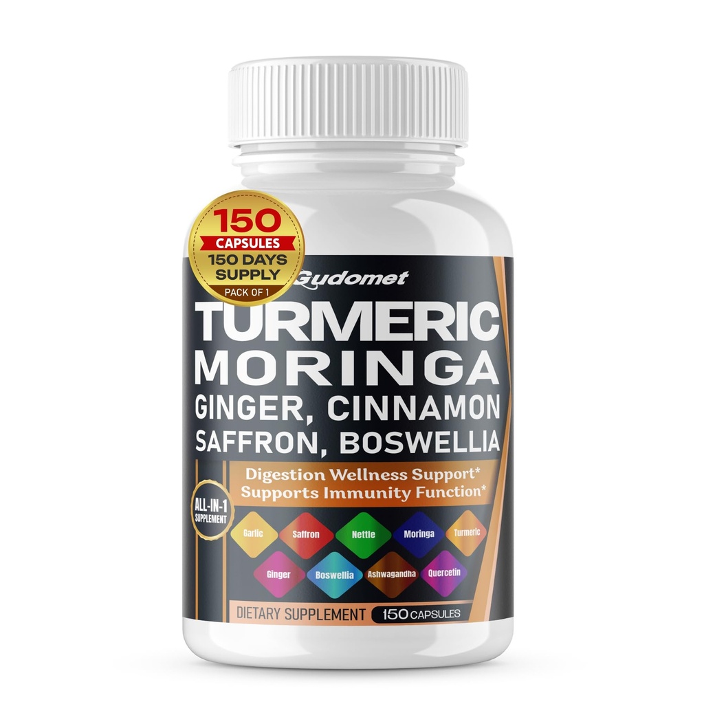 Turmeric Moringa Ginger Boswellia Quercetin Cinnamon Saffron Tart Cherry Odorless Ajo Nettle -150 Capsules- Made in USA