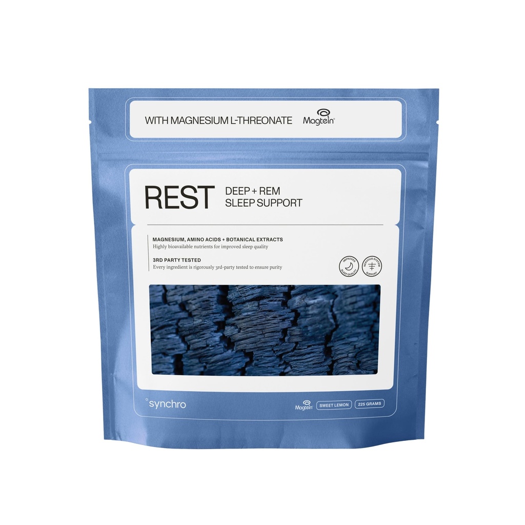 Synchro - Resto Suplementos de sueño, Ayudas relajantes para el sueño para adultos, suplemento de magnesio con polvo para el sueño profundo, Suplemento de sueño de la bebida nocturna, Sabor de limón dulce, 210 gramos