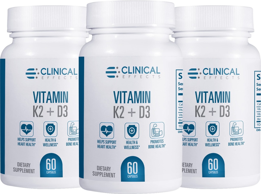 Efectos clínicos Vitamina K2 + D3 - K2 + D3 Suplemento de vitamina con extracto de cobre negro bioperino y calcio para bonificación y salud cardíaca - 3 Pack - Max Absorción - Hecho en EE.UU.