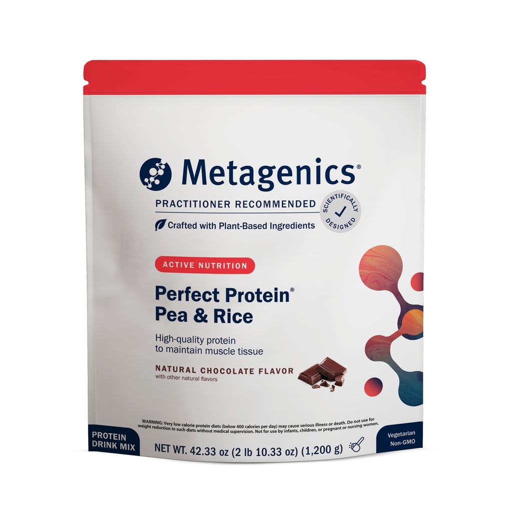 Metagenics Perfect Protein Pea &amp; Rice - Polvo Proteína de base vegetal con 20g Proteínas &amp; 3.5g BCAAs - Apoya el crecimiento muscular &amp; recuperación - No GMO, libre de gluten, libre de lácteos - Chocolate - 30 Serviciones