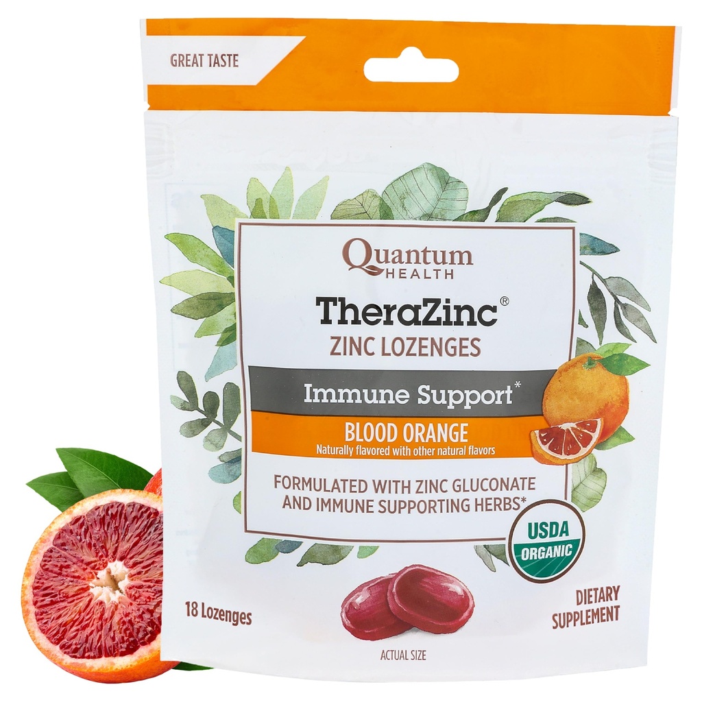Quantum Health TheraZinc Organic Zinc Lozenges Echinacea &amp; Honey Immune Support for Adults &amp; Kids 12+ Naturalmente Sabored Sangre Naranja Alivio rápido con Sin Regusto - 18 Cuenta