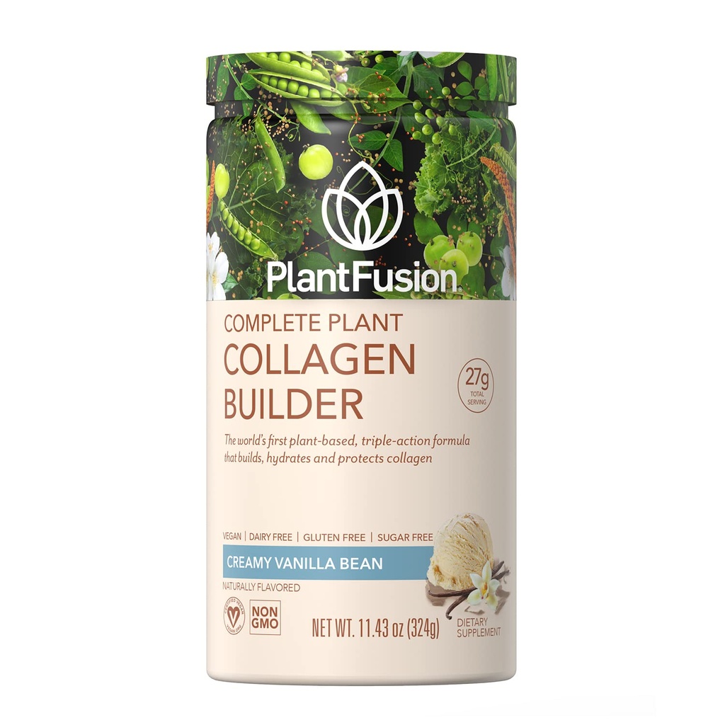 PlantFusion Vegan Collagen Powder - Colágeno de Proteína con base vegetal para musculoso &amp; articulaciones, pelo, piel &amp; uñas - Keto, Gluten Free, Soy Free, Non-Dairy, No Sugar, Non-GMO - Vainilla 11.43 oz