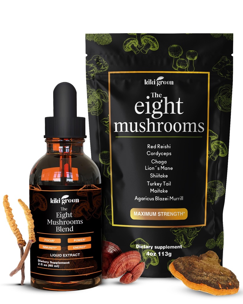KIKI Green 8 Mushrooms Powder & Liquid Extract Bundle - Mushroom Supplement Complex for Focus &amp; Energy - Lion's Mane, Chaga, Cordyceps, Turquía Tail, Reishi, Shiitake, Maitake - 4 oz, 2 fl oz