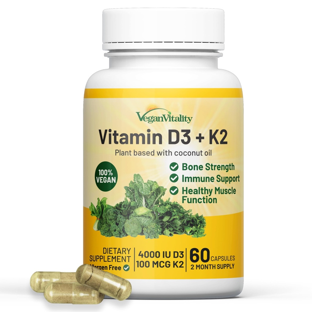 Vitalidad vegana Vitamina D3 K2 4000IU (100mcg) con aceite de coco, 100% vitamina vega basada en plantas D para vegano y vegetariano - 60 cápsulas