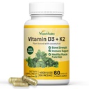Vitalidad vegana Vitamina D3 K2 4000IU (100mcg) con aceite de coco, 100% vitamina vega basada en plantas D para vegano y vegetariano - 60 cápsulas