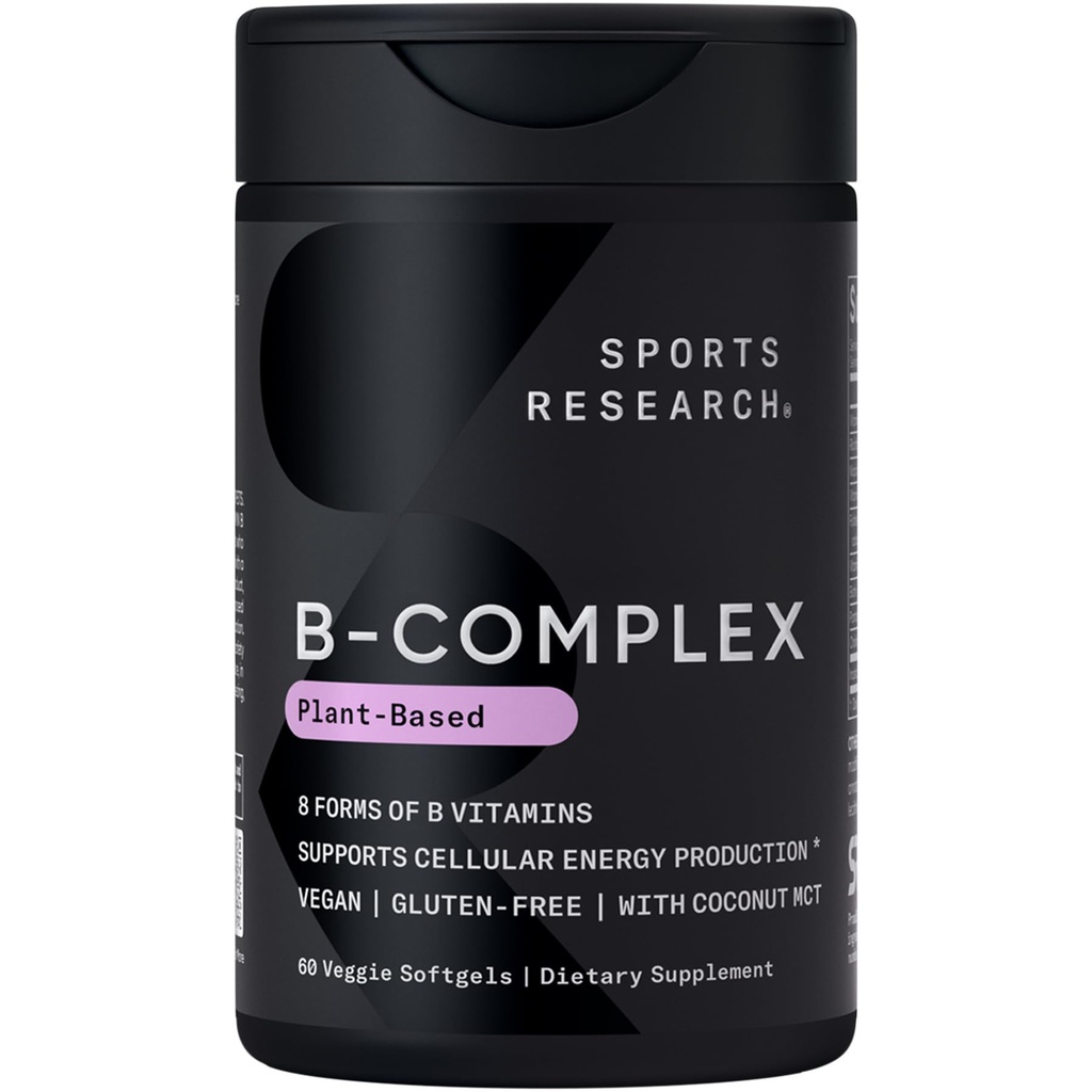 Sports Research® Vitamina B-Complex - Espectro completo de vitaminas B con mezcla B12 &amp; Folate - Gluten Free · base vegetal · No GMO · Fórmula Vegan-Friendly - 60 Veggie Softgels