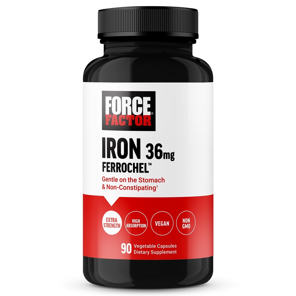Factor de fuerza, Suplemento de hierro para mujeres y hombres, no estreñimiento, gentil en el estómago, Bisglycinate de hierro 36mg, 90 cápsulas vegetales