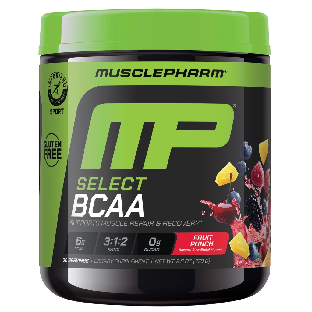 MusclePharm Essentials BCAA Powder, Pre &amp; Post Workout Recovery Drink, Supports Muscle Recovery & Energy, Essential Amino Acids, 30 Serv, Fruit Punch