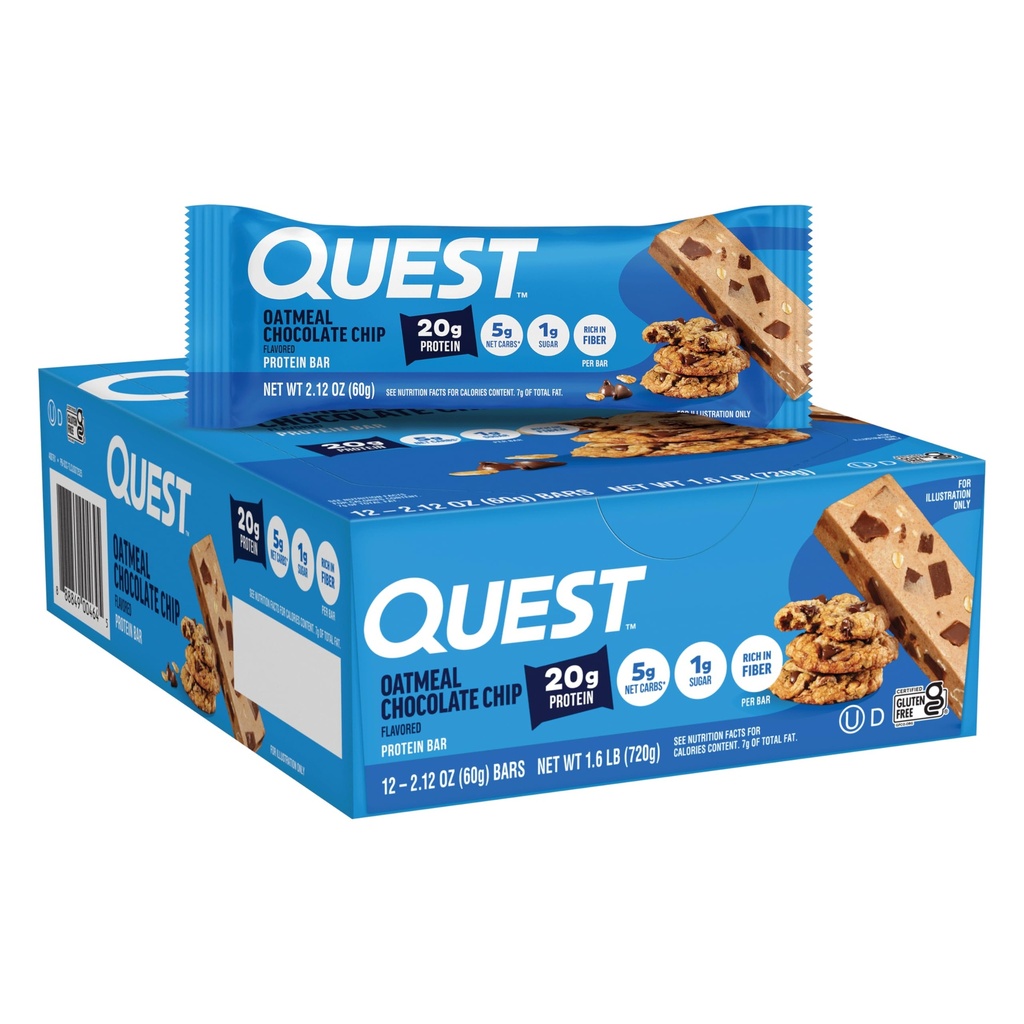 Quest Nutrition Oatmeal Chocolate Chip Protein Bares, 20g Protein, 1g Sugar, 5g Net Carb, Gluten Free, Keto Friendly, 12 Conde
