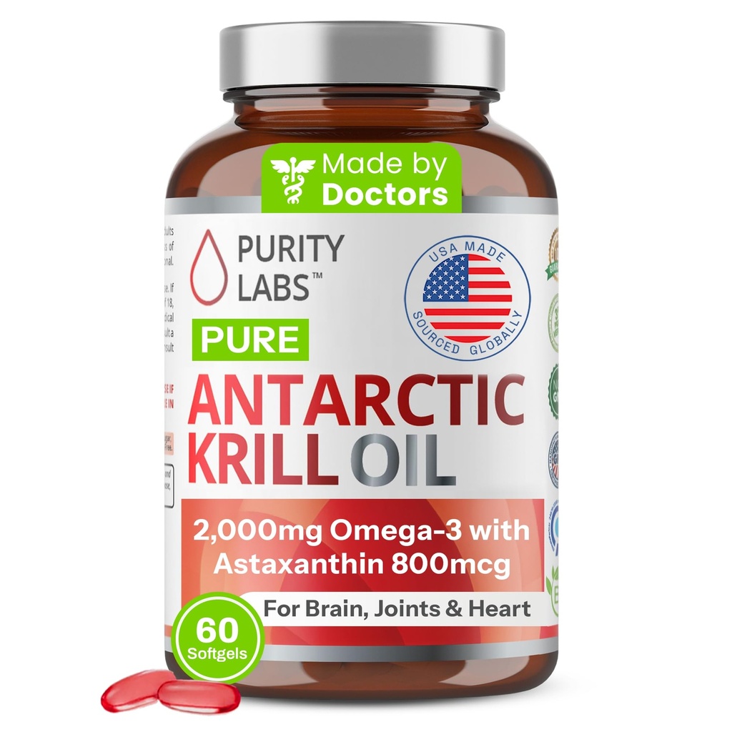 Laboratorios de pureza Aceite de Krill Antártico 2000mg Omega-3 con Astaxanthin 800mcg Suplementos para apoyar la memoria- Rico en Omega 3, ácidos grasos, DHA, EPA & fosfolípidos - 60 Softgels
