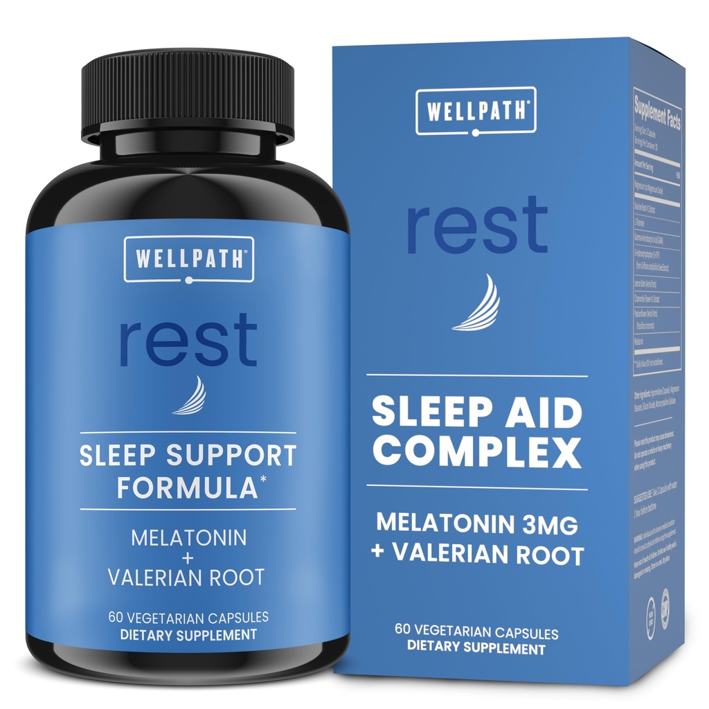 WellPath Rest Valerian Root Sleep Aid for Adults with Melatonin & L-Theanine Silencio Natural &amp; Herbal Sleeping Pills with Extra Strength ← 5-HTP, Lemon Balm, Chamomile, 60 Ct