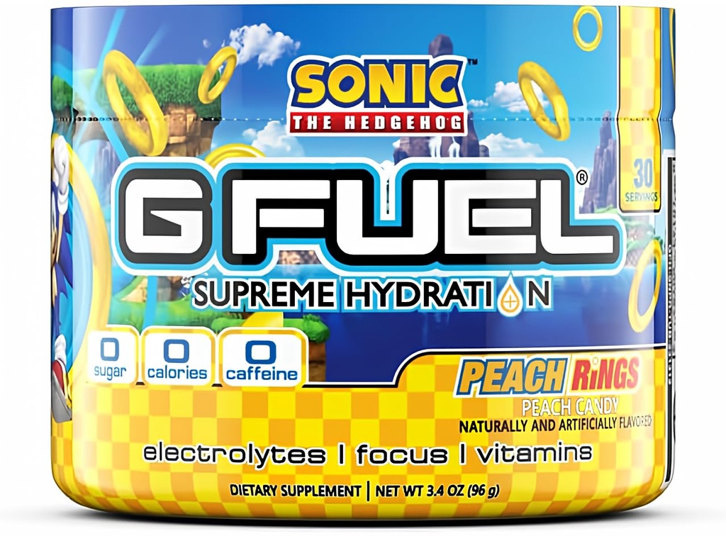 G Fuel Sonic's Peach Anillos Hidratación Suprema, Electrolyte Powder Mix for Energy & Focus, Sugar y Caffeine Suplemento gratuito con Vitaminas Esenciales &amp; Minerales, Peach Rings Flavor, 3.4 oz - 30 Servings