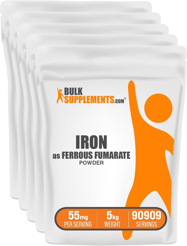 BulkSupplements.com Ferrous Fumarate Powder - Mineral esencial, Suplemento de hierro para hombres y mujeres - Gluten Free, 55 mg por ser, 1kg (2.2 libras) (Pack of 5)