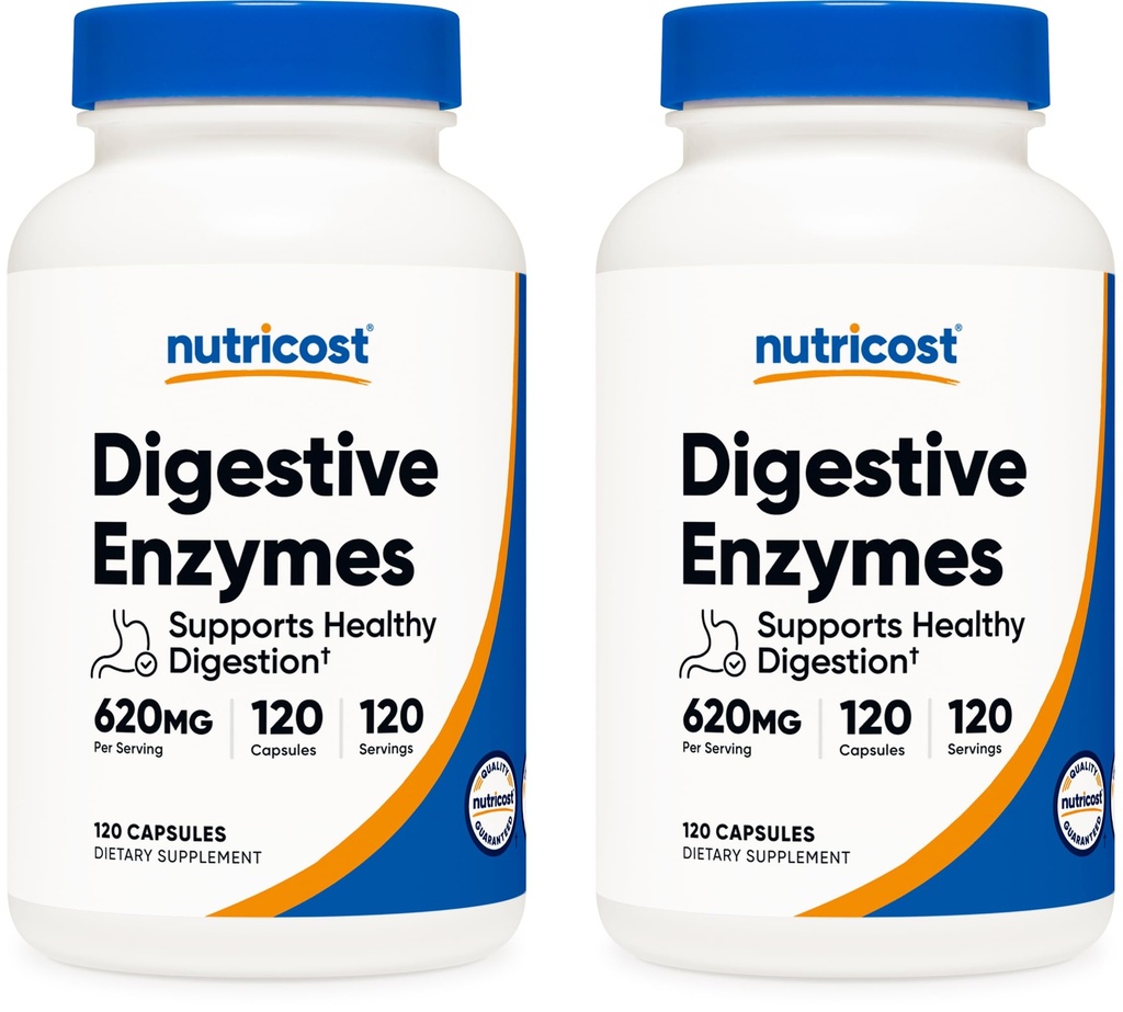 Nutricost Digestive Enzymes 620mg, 120 Veggie Capsules (2 Botellas) - Suplemento completo de Enzyme Digestivo