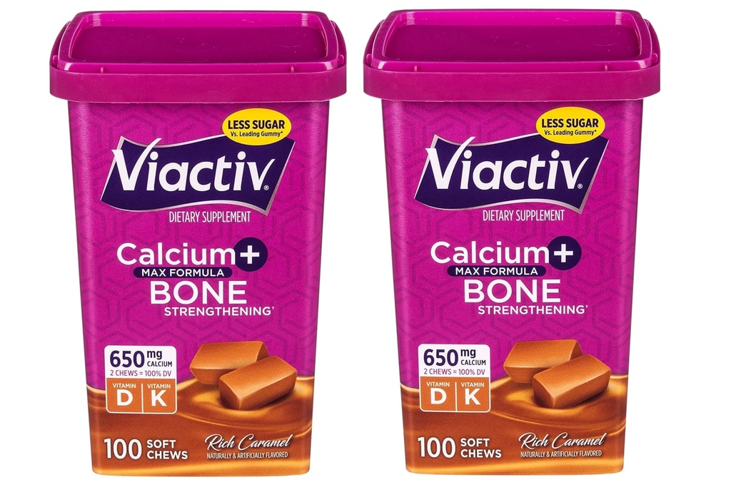 Viactiv Max Fórmula Calcio +Vitamin D3 Suplemento de Bone Health, Rich Caramel, 100 Soft Chews - 2 Pack