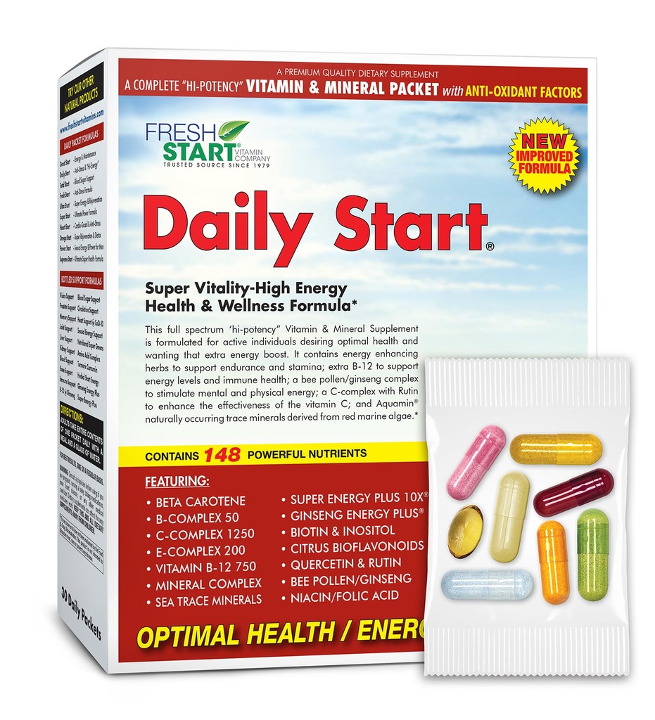 Daily Start Complete Daily Vitamin Pack ← 10X Energy &amp; Stamina Booster ← Vitamina A, B, C, D, E, B12, Minerales, Ashwagandha, Panax Ginseng, Yerba Mate, Green Tea (30 Packets)
