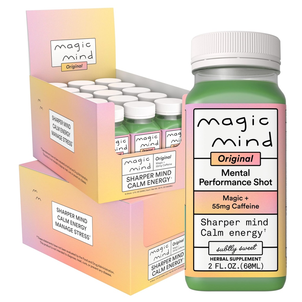 Zapatos de bebida de energía de mente mágica - No Jitters, alivio de estrés, Ashwagandha, hongos funcionales, té verde de Matcha, vitamina B12, vitamina C - 2 FL Oz (30 Pack)