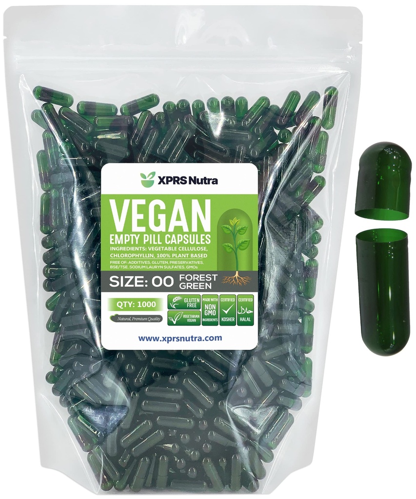 XPRS Nutra Tamaño 00 Empty Capsules - 1000 Conde Vacío Cápsulas Vegan - Láminas Vacío Vegetarianas - DIY Cápsulas Vegeta Filling- Veggie Pill Caps (Forest Green)