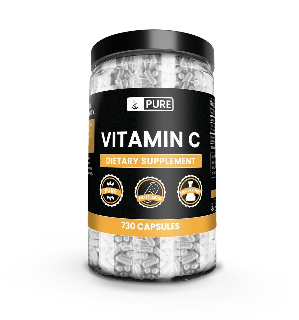 Ingredientes originales puros Vitamina C (730 cápsulas) No hay magnesio o rellenos de arroz, siempre puro, lab verificado