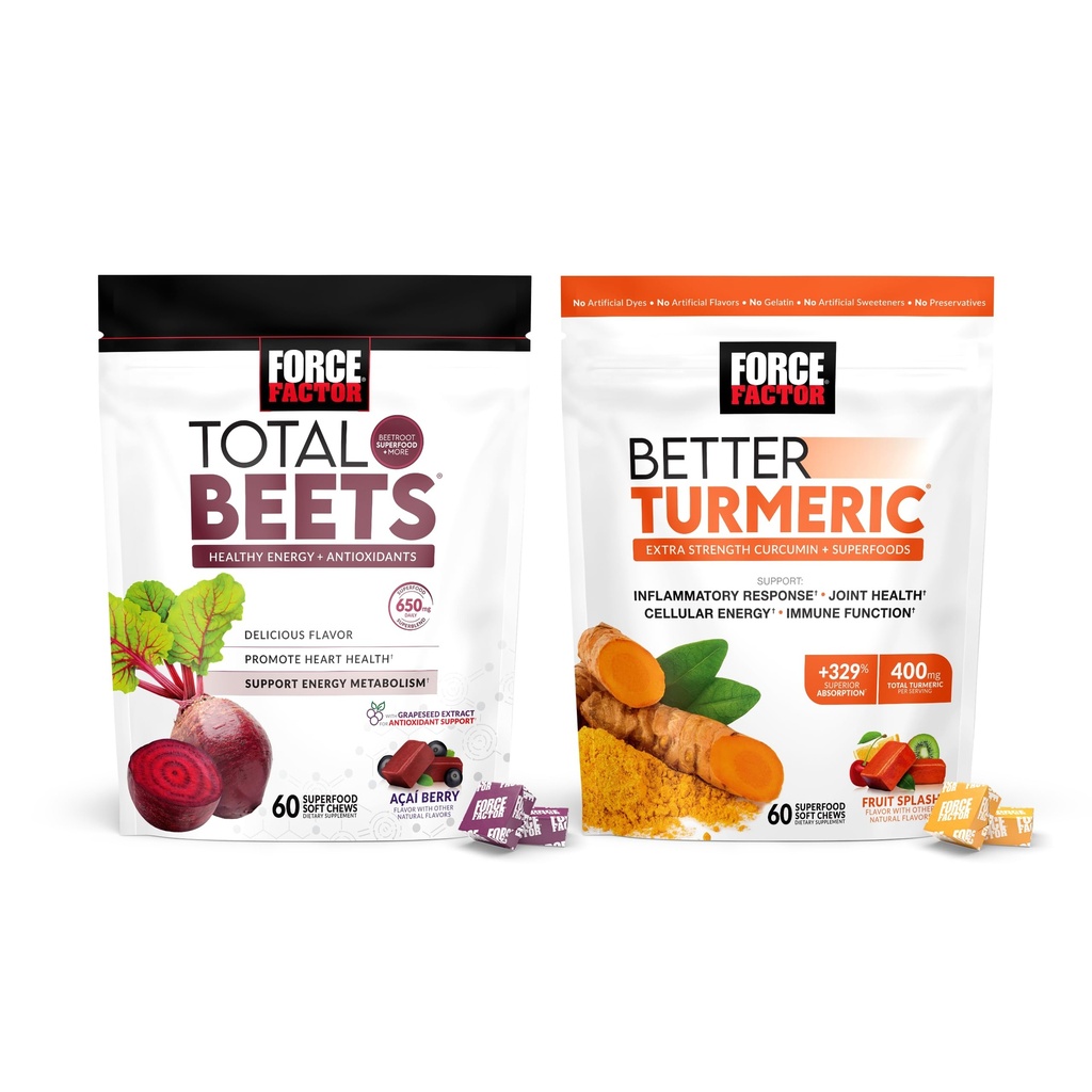 Factor de fuerza Total Beets Soft Chews, 60 Chews &amp; Better Turmeric Joint Support Suplemento, 60 Soft Chews