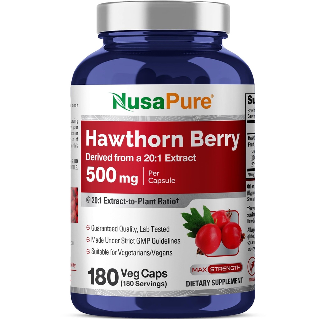 NusaPure Hawthorn Berry 20:1 Extracto, 500 mg Equivalente a 10.000 mg 180 Veg Caps, Adecuado para los vegetarianos, Vegan, Suplemento dietético no GMO