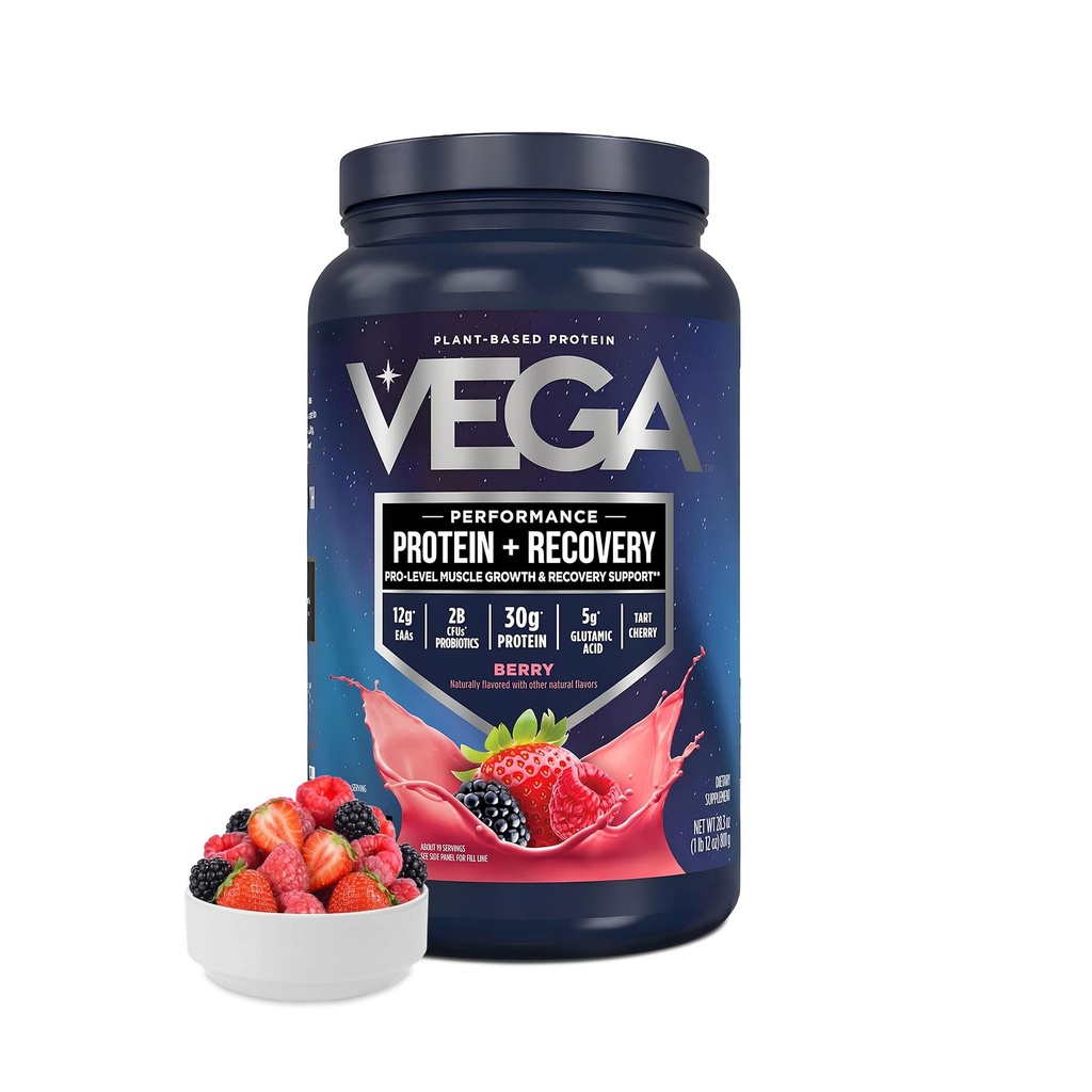 Vega Sport Vegan Protein Powder + Recuperación - 30g Plant Based Protein per Serving, Berry, 19 Servings, 5g BCAAs, Probiotics, NSF Certified, For Shakes & Smoothies, 1.8lbs (Packaging May Vary)