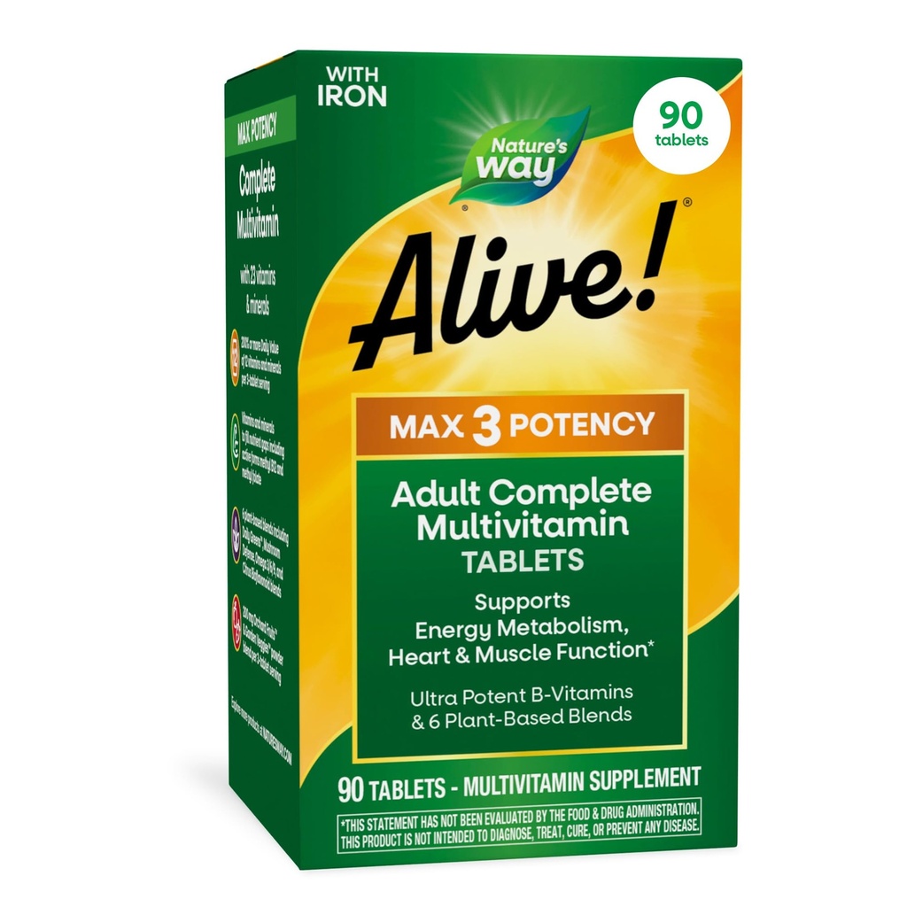 ¡La naturaleza está viva! Max3 Potency Daily Multivitamin, Methylated B12 y Folate, Ultra Potency B-vitaminas para apoyar el metabolismo energético*, 90 Tablets