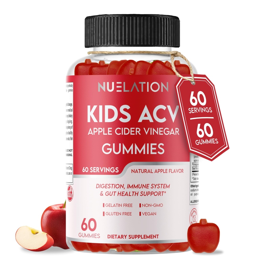 Manijas de vinagre de manzana para niños, 60 servicios. Gluten Free, Vegan y Gelatin Free ACV Gummies