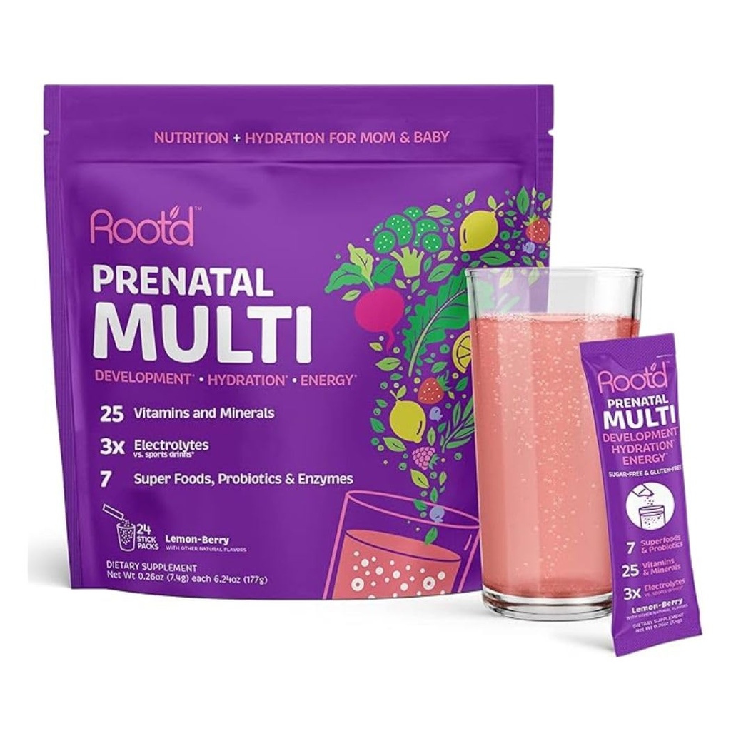 Polvo multivitamínico prenatal con electrolitos 3X - 25 vitaminas " minerales " , folato, hierro, vitamina D3, 7 superalimentos " Probióticos, vitaminas libres de azúcar " hidratación 24 vitaminas mix Packets