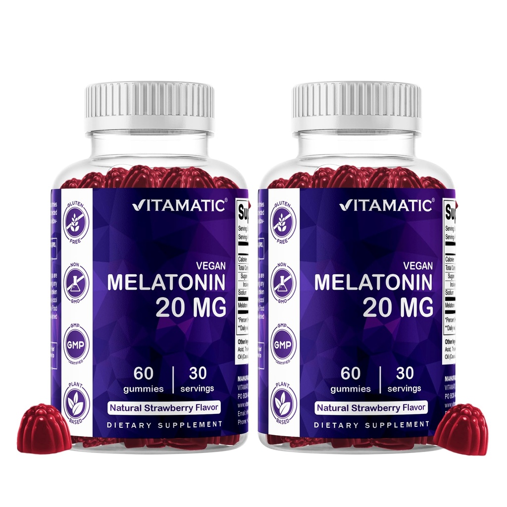 Vitamatic Melatonin 20mg Gummies for Adults, 30 Servings - 60 Cuenta - Suplemento No-Habit Forming (Pack of 2)