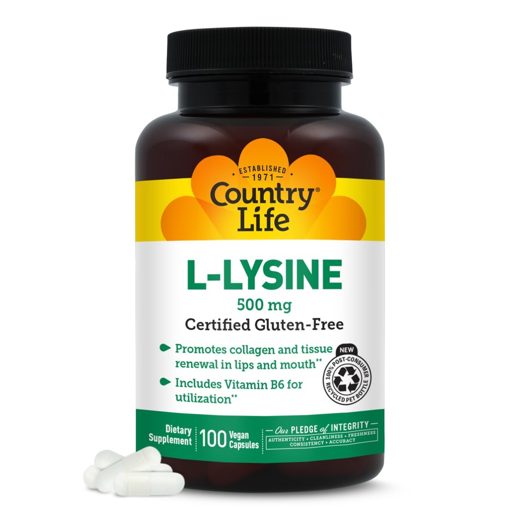 Country Life L-Lysine 500mg con B-6, apoya la salud inmune, promueve la renovación del colágeno en los labios y la boca, 100 cápsulas veganos, galleta certificada gratis, certificada Vegan