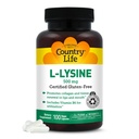 Country Life L-Lysine 500mg con B-6, apoya la salud inmune, promueve la renovación del colágeno en los labios y la boca, 100 cápsulas veganos, galleta certificada gratis, certificada Vegan