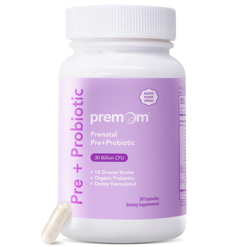 Premom Prenatal Pre &amp; Probiotics for Women: 18 Diverse Organic Prebiotics Strains - Supports Digestive, 30 Billion CFU, Gut & Immune Health for Mom and Baby - Daily Capsules