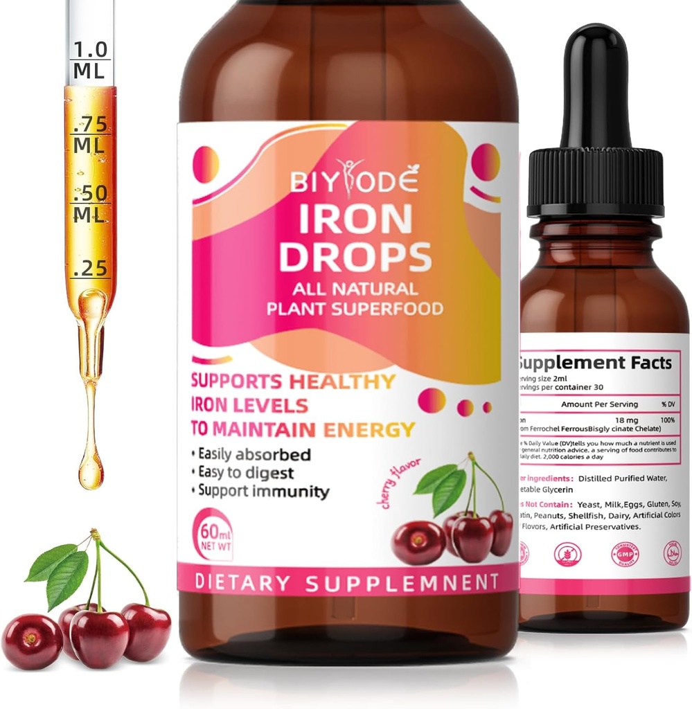 Suplemento de hierro para mujeres gotas: suplemento de hierro líquido con vitamina C B12 &amp; ácido fólico Absorción energética Apoyo Fórmula Vegan gotas libres de azúcar