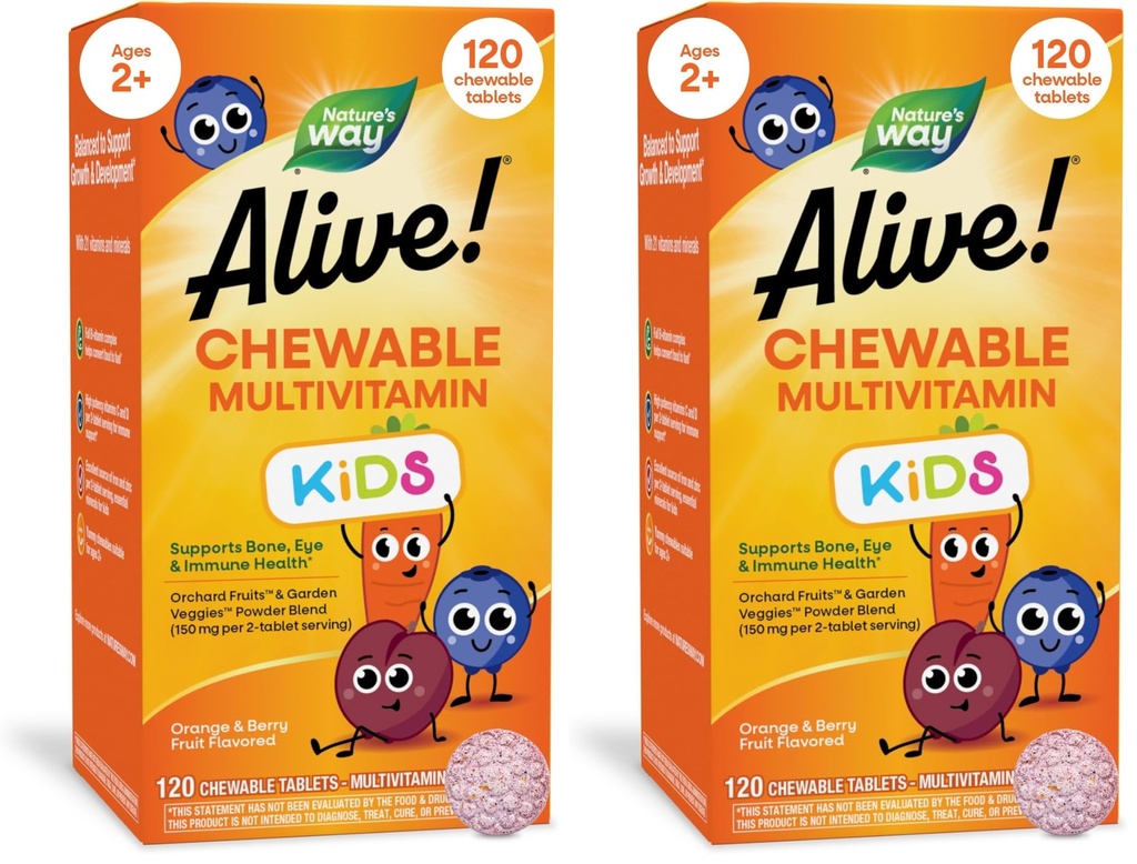 Nature's Way Alive! Children Chewable Multivitamin, Kids Multivitamin with Orchard Fruits & Garden Veggies Powder Blend, Daily Kids Vitamins, Nutritional Support, Cherry Flavor, 120 Count (Pack of 2)