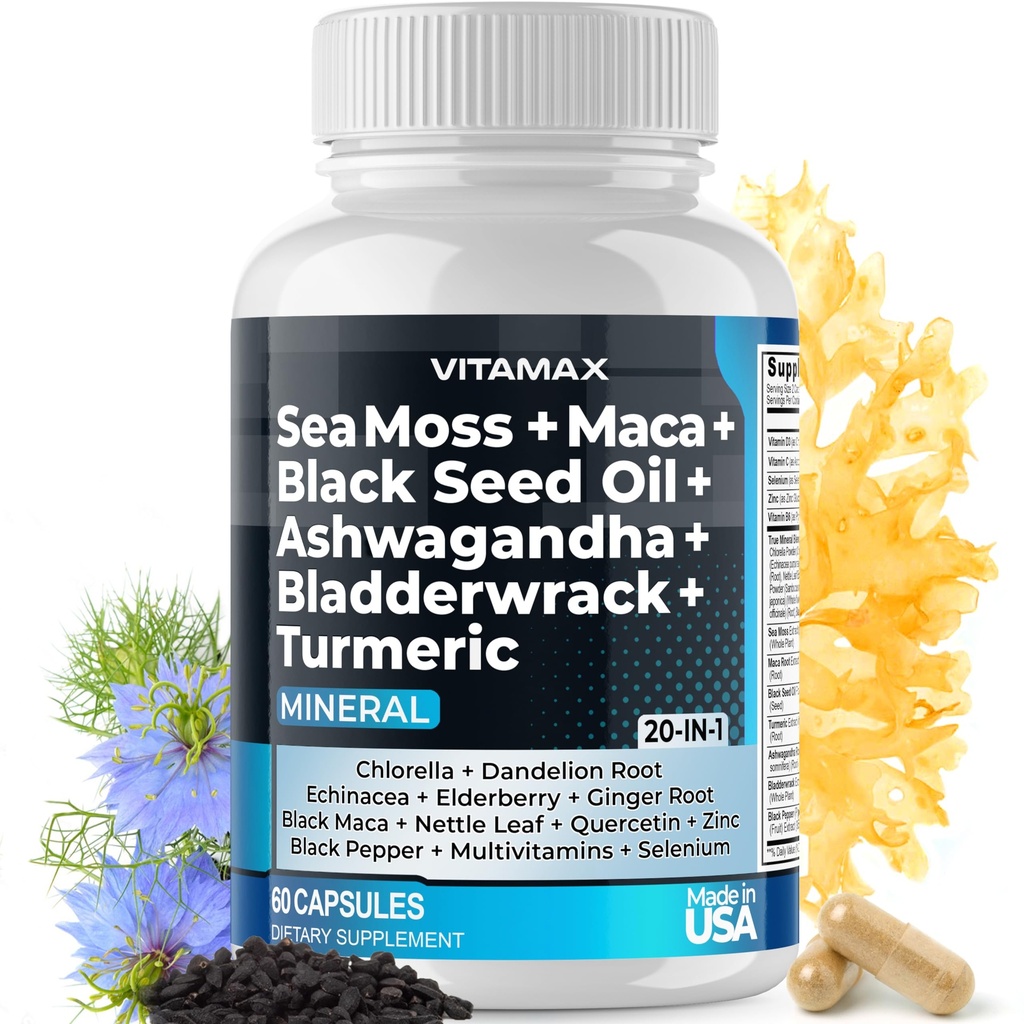 Sea Moss Maca Black Seed Oil Ashwagandha Bladderwrack Turmeric - Manuka Honey, Elderberry, Vitamin C &amp; D3, Dandelion " Black Pepper - Non-GMO - Vegan - Made in USA - 60ct
