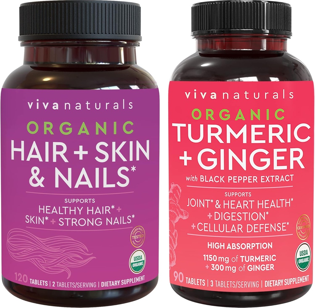Piel de pelo orgánico y uñas Vitaminas + Turmérica orgánica con colgante de pimienta negra &amp; jengibre, hecha con biotina 5000mcg para el cabello sano, Turmérica para soporte articular natural