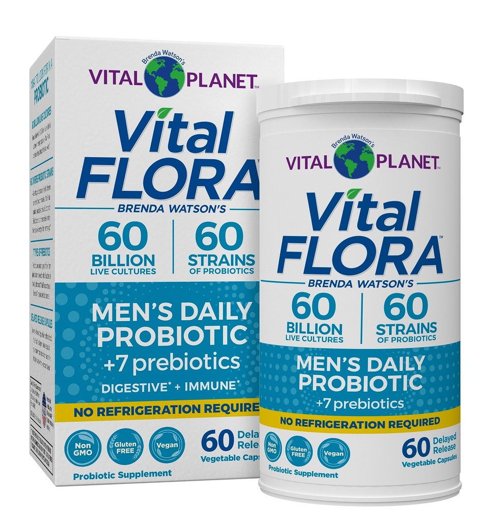 Planeta Vital - Probióticos Vital Flora para Hombres, 60 Billones CFU, 60 Strains Diversos, 7 Prebióticos Orgánicos, Estante Diario de Hombre Probiótico Estable para Apoyo Inmunitario, Alivio de Gas, Salud Digestiva 60 cápsulas