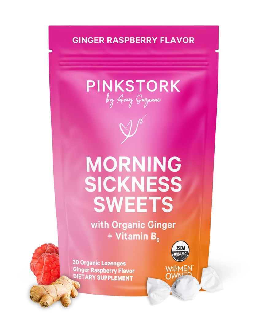 Pink Stork Morning Sickness Sweets, Orgánica Raspberry Ginger Candy con vitamina B6, Soporte para la enfermedad de la moción, Prenatal Heartburn - El embarazo debe tener - 30 gotas de salpicadura