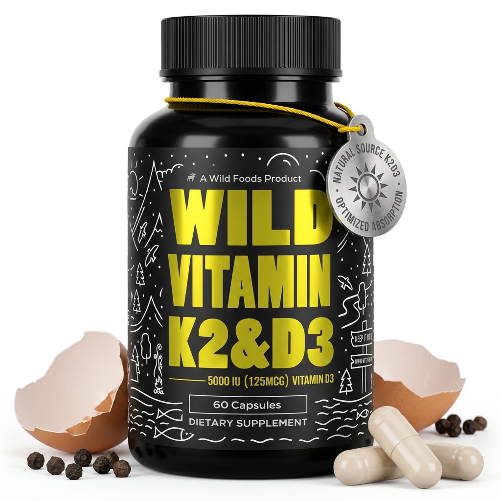Alimentos silvestres 5000iu Vitamina D3 + K2 fort (100mcg Mk7) con Pepper Negro Extracto, Planta-Basada, No-GMO, Soy &amp; Gluten-Free ← Suplemento dietético Silencio Hecho en EE.UU.