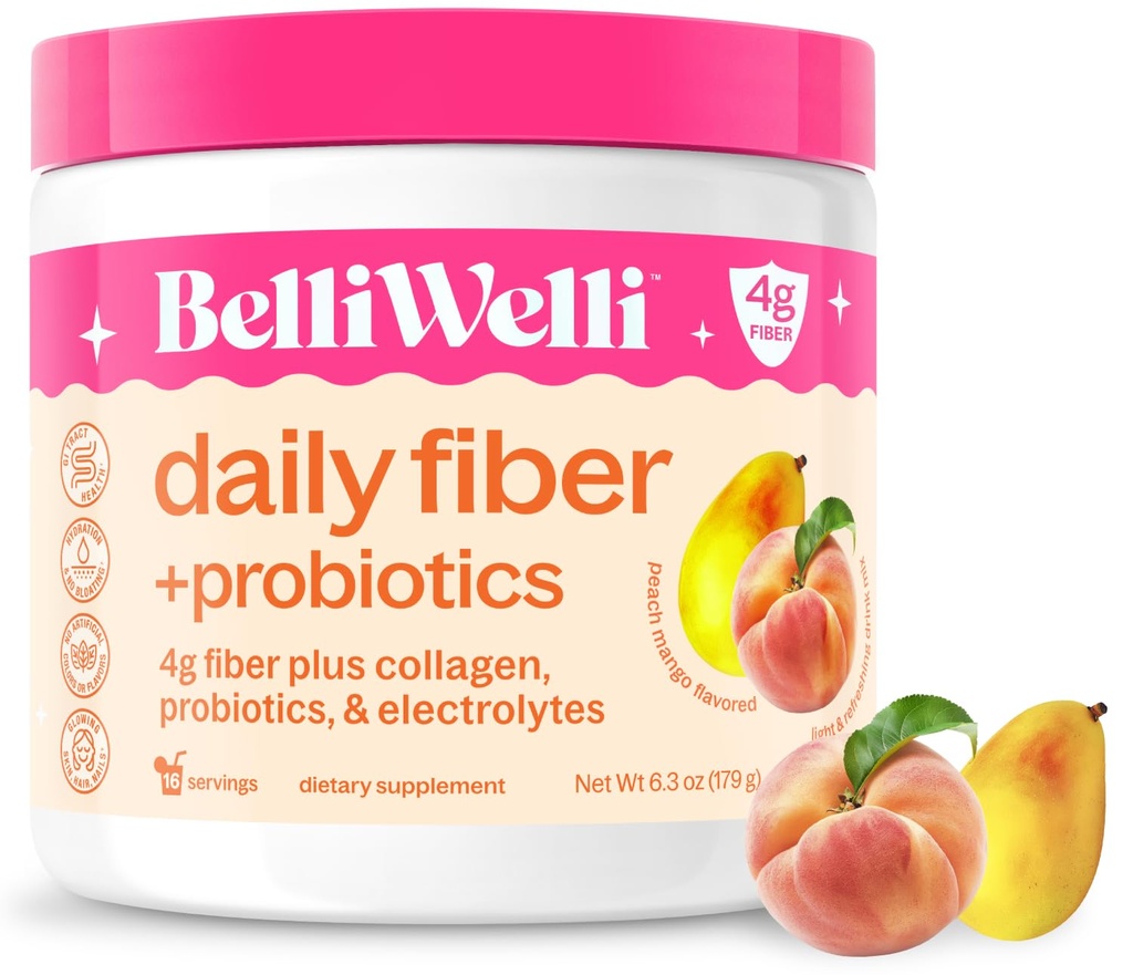 BelliWelli Fiber Supplement for Women &amp; Hombres – Premium Daily Fiber Powder from Organic Acacia with Added Collagen, Electrolytes & Probiotics – No Bloat, Constipation " Gut Health Support (Peach Mango)