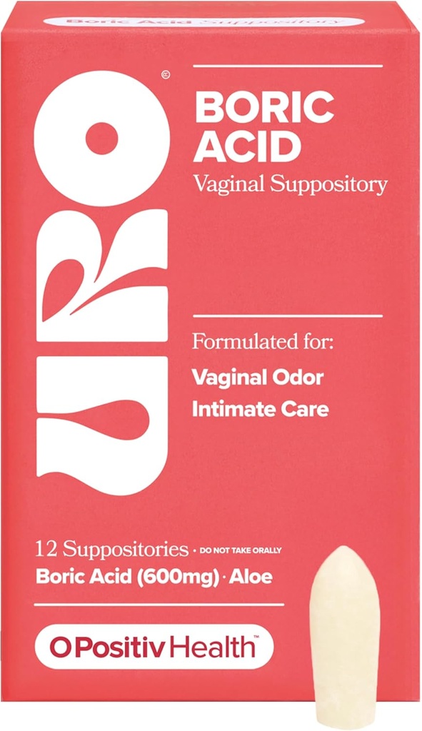 O Positiv URO Boric Acid Vaginal Suppository – con ácido láctico y Aloe para el alivio rápido y el control del olor vaginal – Vegan, Libre de Parabens, Dyes y fragancias – 12 Conde (Pack of 1)