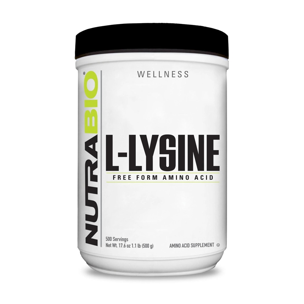 NutraBio L-Lysine Powder 500g – Aminoácidos esenciales para el metabolismo de proteínas, soporte de colágeno, " Salud de inmunos – Pura, Desarrollada, No GMO, Vegan- 500 Servimientos