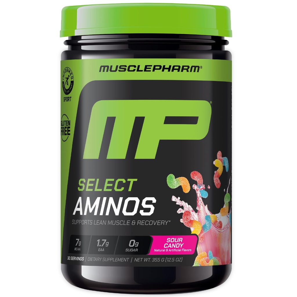 MusclePharm Select Amino's EAA + BCAAs, Post Workout Essential Amino Acids Powder, Pre Workout Energy Supplement for Men & Women with Branched Chain Amino Acids, 30 Servings (Sour Candy)